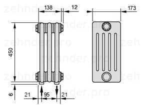 Схема (чертеж) Радиатор Zehnder Charleston 5045/3 №5310 Белый глянцевый RAL 9016